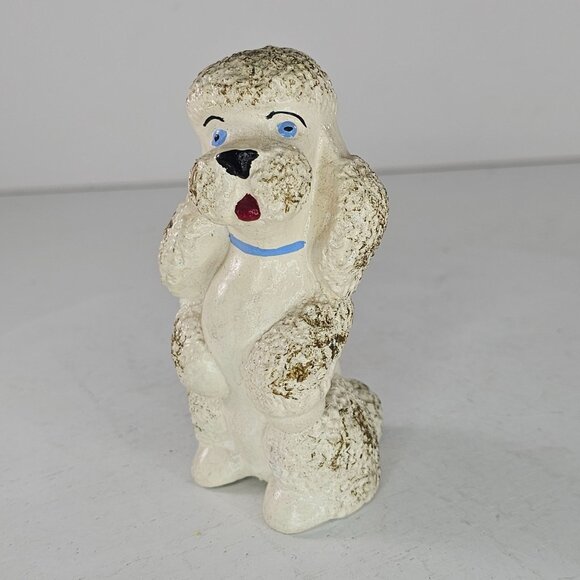 Vintage Chalkware Poodle Figurine White Blue Collar Hand Painted - Picture 8 of 8